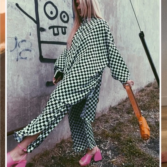 Dressed in LALA Other - Lala Satin Playsuit in Checkerboard Satin Set